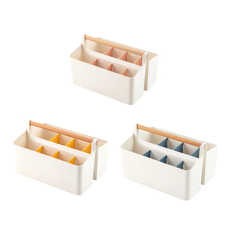 

2 Piece Pen Holder Desk Caddys With Wooden Handle Art Crafts Storage Organizer With Adjustable Compartment (White/Blue)