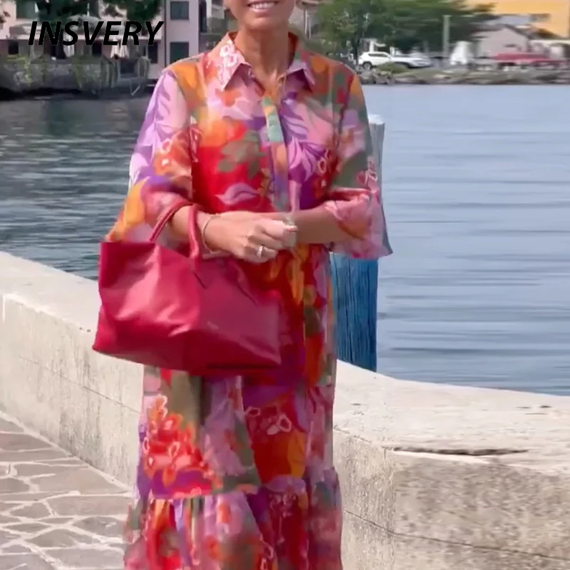 Letnie sukienki w stylu bohemy dla kobiet Sukienka długa z nadrukiem kwiatowym Sukienki w stylu boho na wakacje na plaży Casualowa sukienka z półrękawkiem Luźna sukienka na imprezę