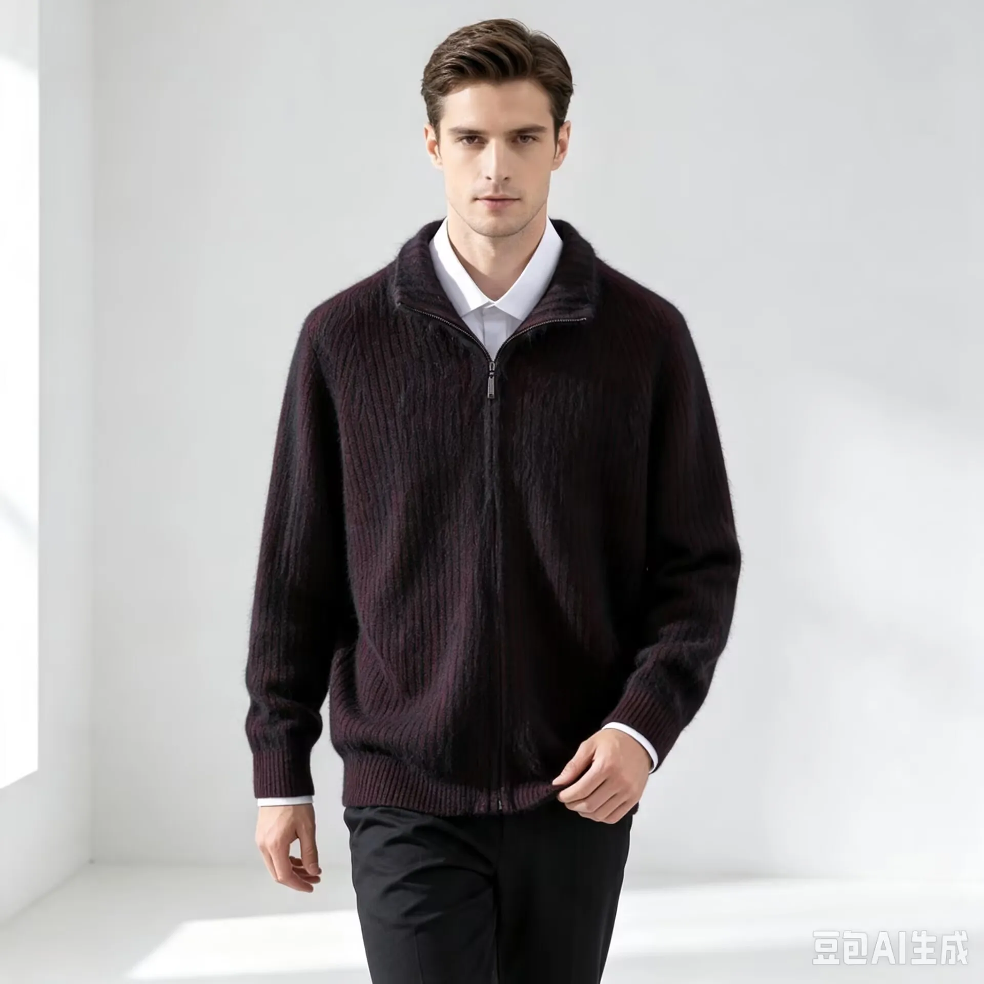 Men's Thick Stand Up Collar Zipper Solid Color Sweater Casual Knitted Sweater Jacket Autumn And Winter New Item Solid Color Warm