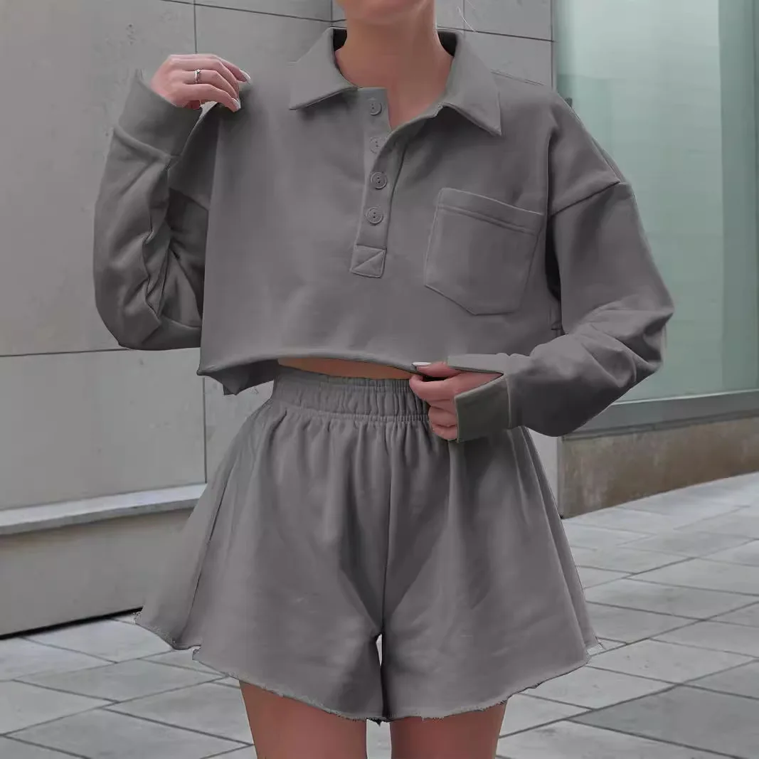 

New Fashion Casual Navel Tops Trendy Solid Color Long-sleeved Navel Casual Cardigan Top Drawstring Shorts Set Women's Clothing