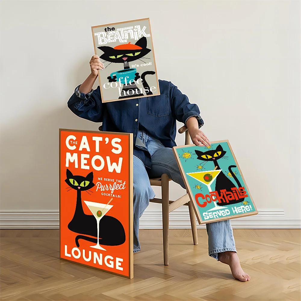 Mid Century Black Cat Classic Vintage Posters Decoracion Painting Wall Art White Kraft Paper Kawaii Room Decor