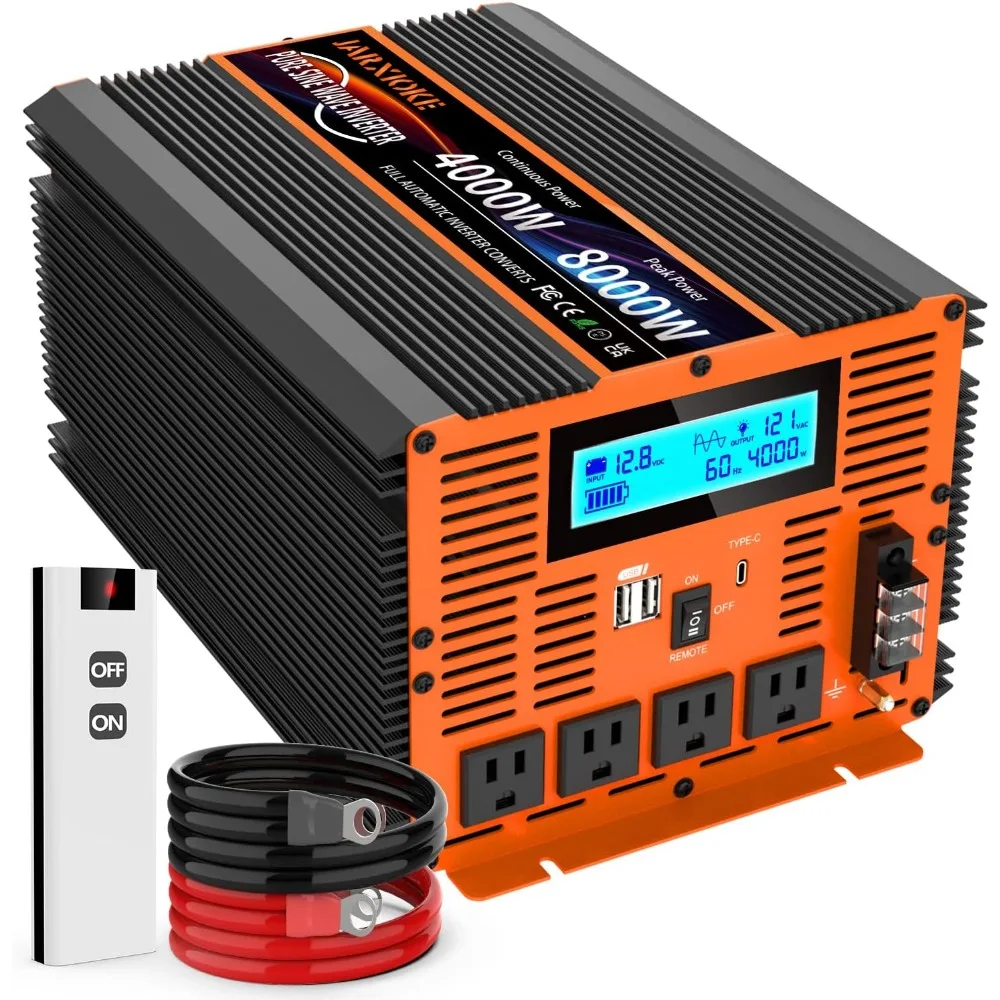 

12V DC to 110V/120V Pure Sine Wave Inverter for 4000 Watt Power Conversion in RV, Off-Grid Solar, and Car Applications with USB