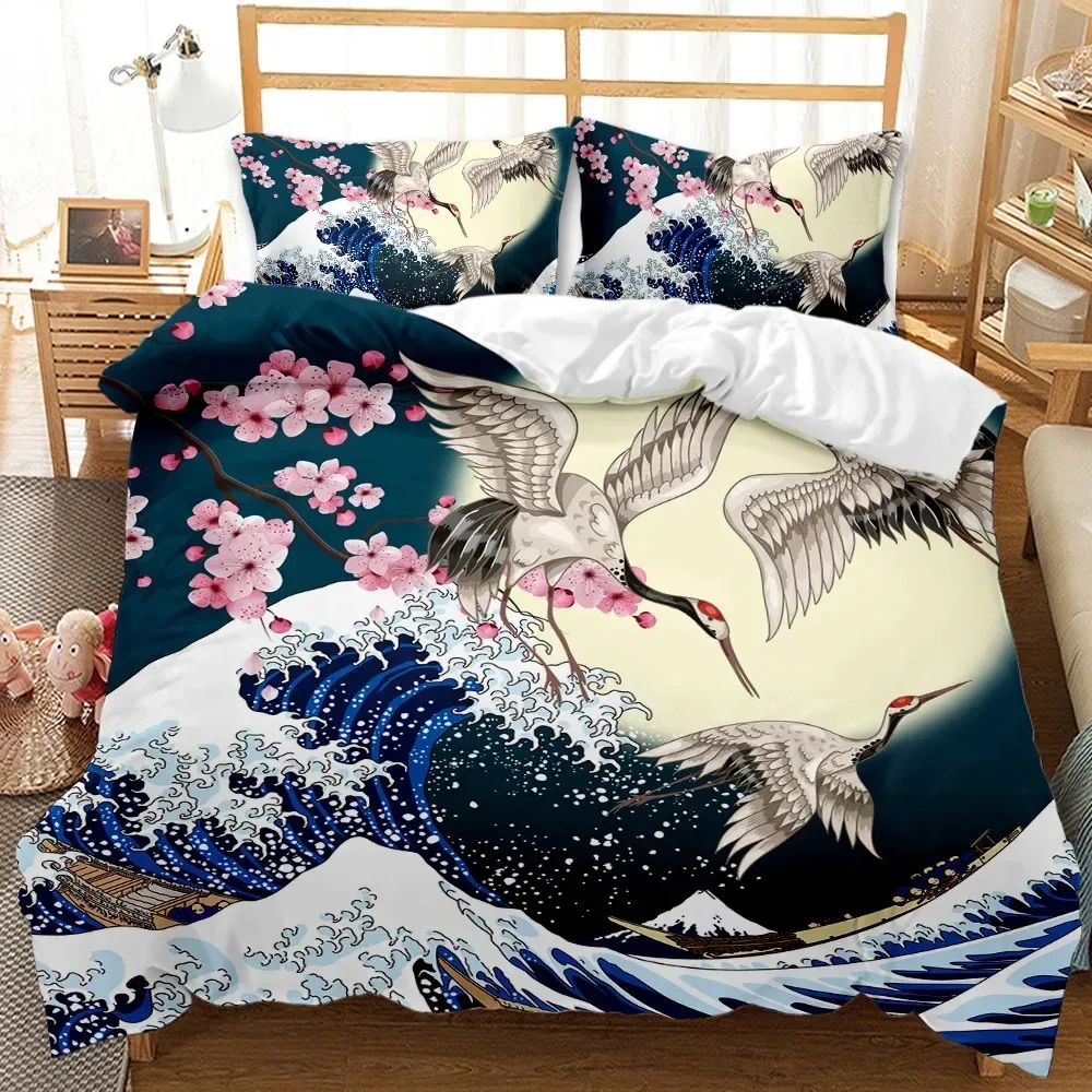 National Trend Duvet Cover Set Cherry Blossoms Crane Printed Bedding Set Sea Waves Down Traditional Retro Polyester Quilt Cover