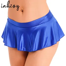 Womens Glossy Ruffled Skirt Sexy Oil Satin Shiny Low Rise Miniskirt Workout Cheer Booty Dancewear Pole Dancing Clubwear