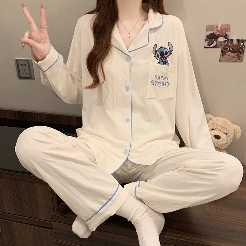 

Women's Cute Stitch Pajamas Set Long Sleeve Cardigan and Top Sleepwear Cartoon Loungewear Winter Autumn Home 2 Piece Outfit​s