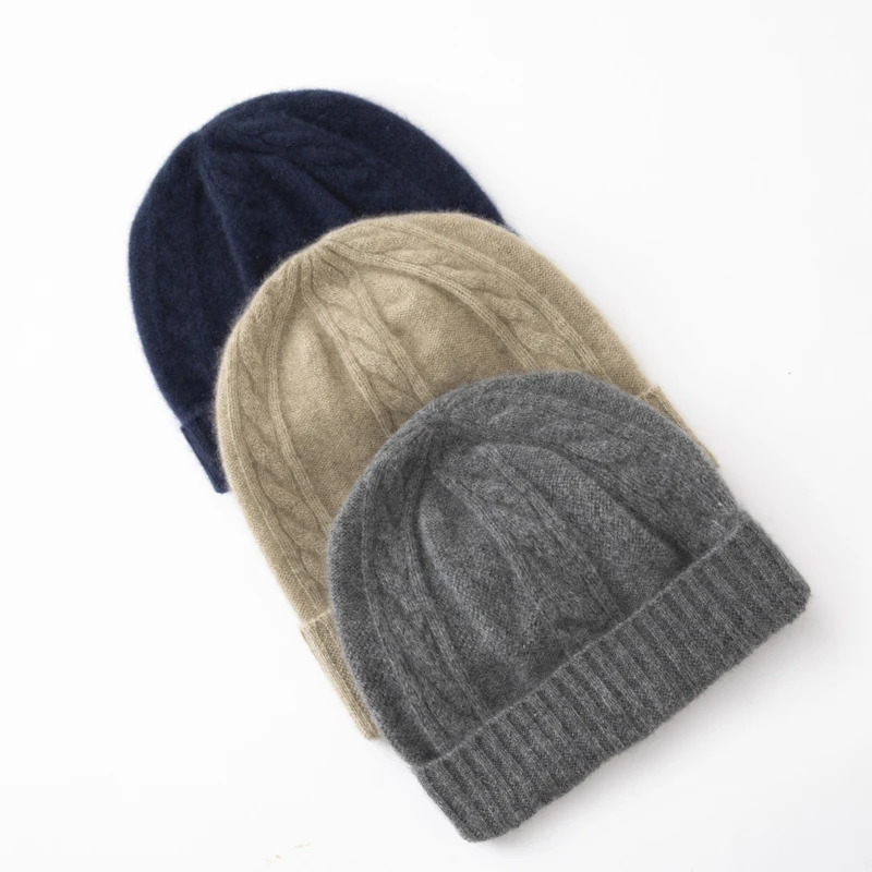 New Autumn/Winter Men's Pullover Hat With 100% Goat Cashmere Twist Pattern Design Warm And Comfortable Outdoor Knitted Hat