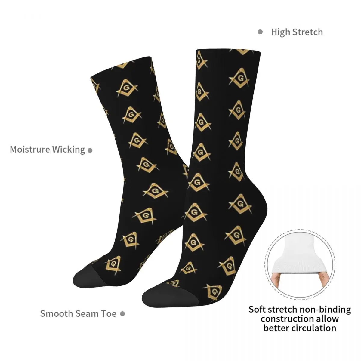 Freemason Pattern Gold Blue Square And Compass Masonic Socks Absorbing Stockings All Season Long Socks for Man's Woman's Gifts