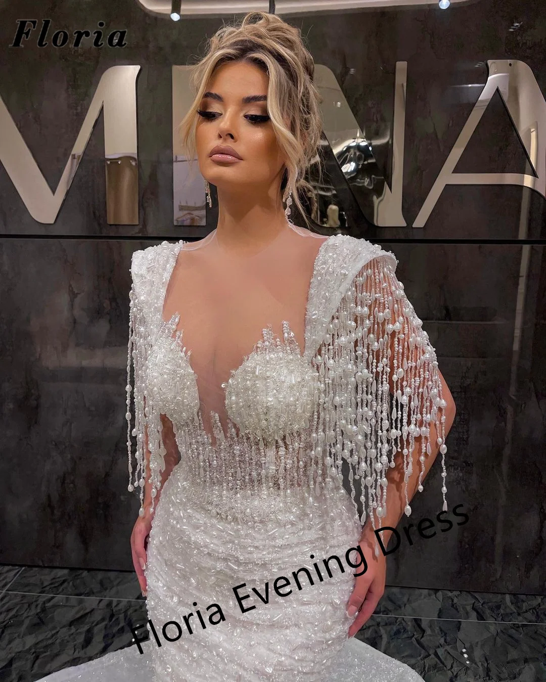 

Luxury Pearls Tassel Evening Dresses For Weddings Ivory Mermaid Engagement Dress Saudi Arabia Dubai Beading Fabric Party Dress