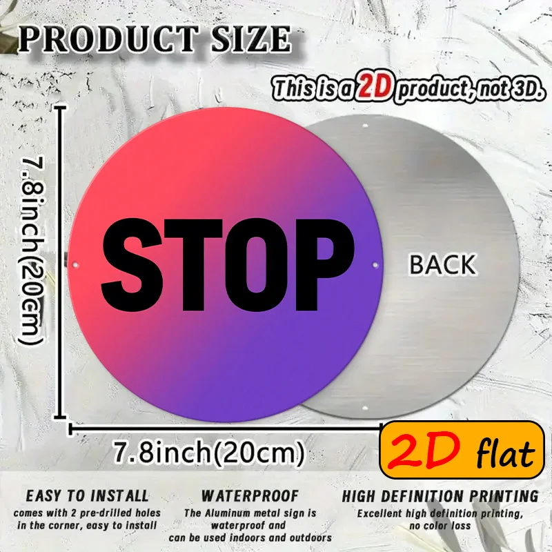 Bold 2D Red Purple Gradient STOP Sign Aluminum Wall Art 7.87x7.87in Waterproof Outdoor Round Plaque Home Decor