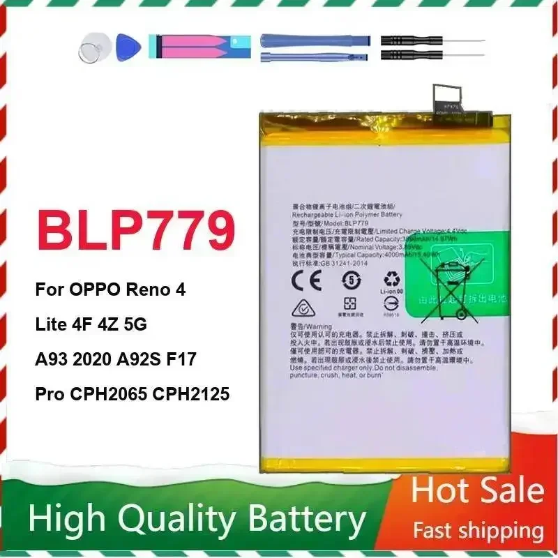 

Mobile Phone Battery BLP779 4000mAh For Oppo Reno 4 Lite 4F 4Z 5G A93 2020 A92S F17 Pro CPH2065 CPH2125