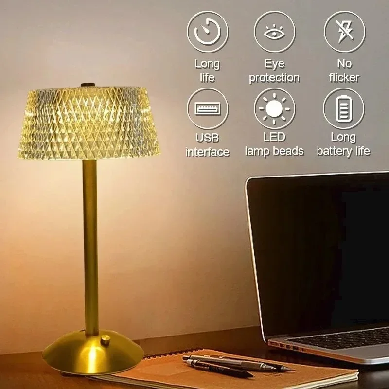 KFV LED Retro Tischlampe USB Wiederaufladbare Leuchte Kaffeebar Touch Dimmbare Kristall-Schreibtischlampe Schlafzimmer-Deko Vintage Tischlampen