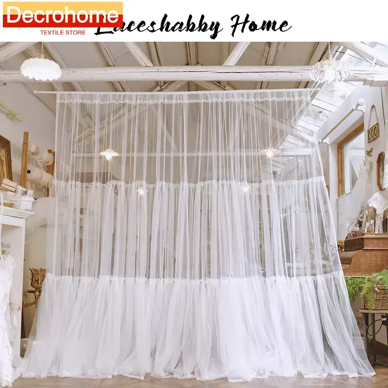 Princess Style White Gauze Lace Pleated Skirt Screen Curtains for Living Room Bedroom French Window Balcony Floating Window