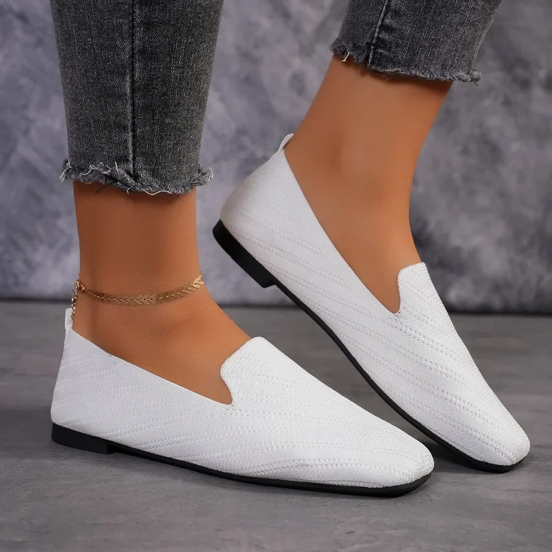 2024 Solid Color Square Toe Mesh Loafers Shallow Women Flats Shoes Soft Bottom Knit Ballet Flats Shoes Casual Slip on Shoes