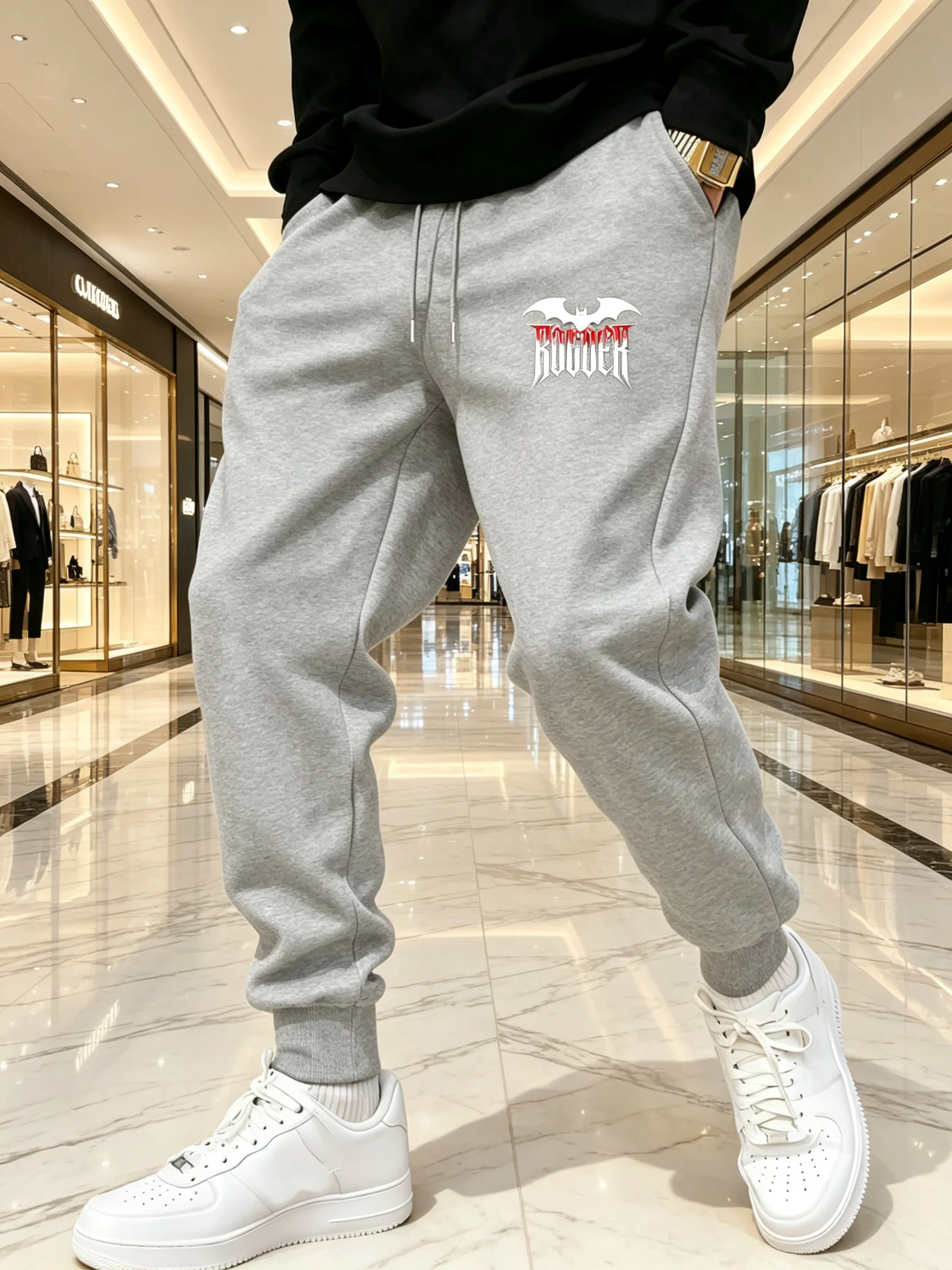 Unisex-Jogginghose mit Fledermaus-Logo und ROCKER-Aufdruck, Bündchenhose mit Kordelzug, weicher Stoff für Fitnessstudio, Outdoor, Herbst, Winter, Alltag. – Detail 3