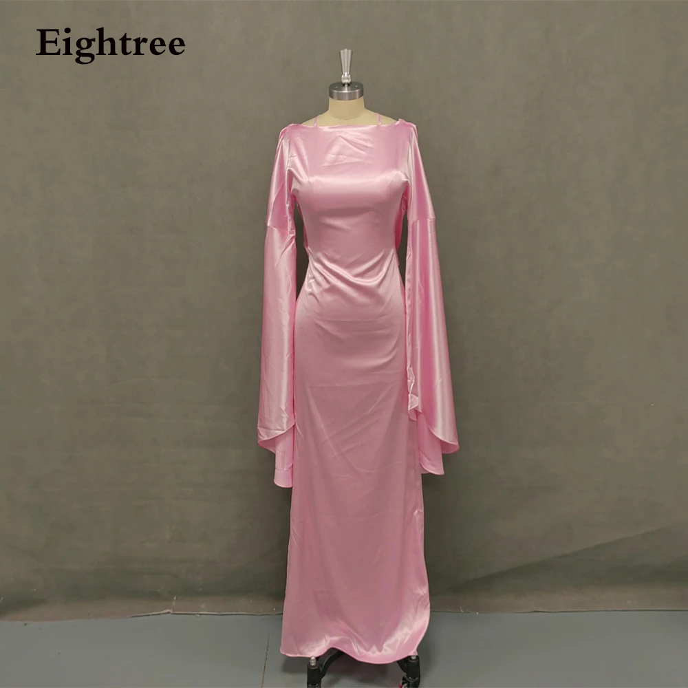 

Eightree Solid Pink Special Evening Dresses Criss-Cross Muslim Robes De Soiree Dubai Party Prom Gown Arabic Long Sleeves Women