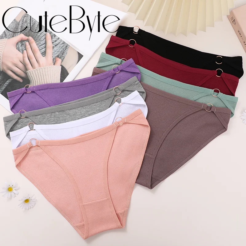 2PCS Women\'s Cotton Panties Sexy Intimate Breathable Underwear Solid Color Comfortable Ring Lingerie Briefs Fashion Underpants