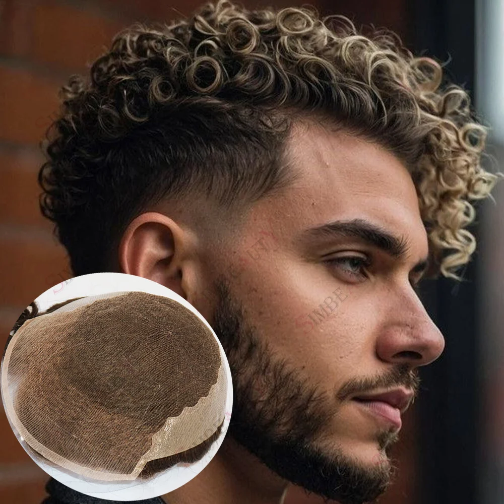 خط الشعر الطبيعي 15 مللي متر الأفرو مجعد Q6 الدانتيل الجبهة و بولي Men الرجال الشعر المستعار أسود شقراء رمادي 1b65 عقدة غير مرئية الشعرية الاصطناعية #1