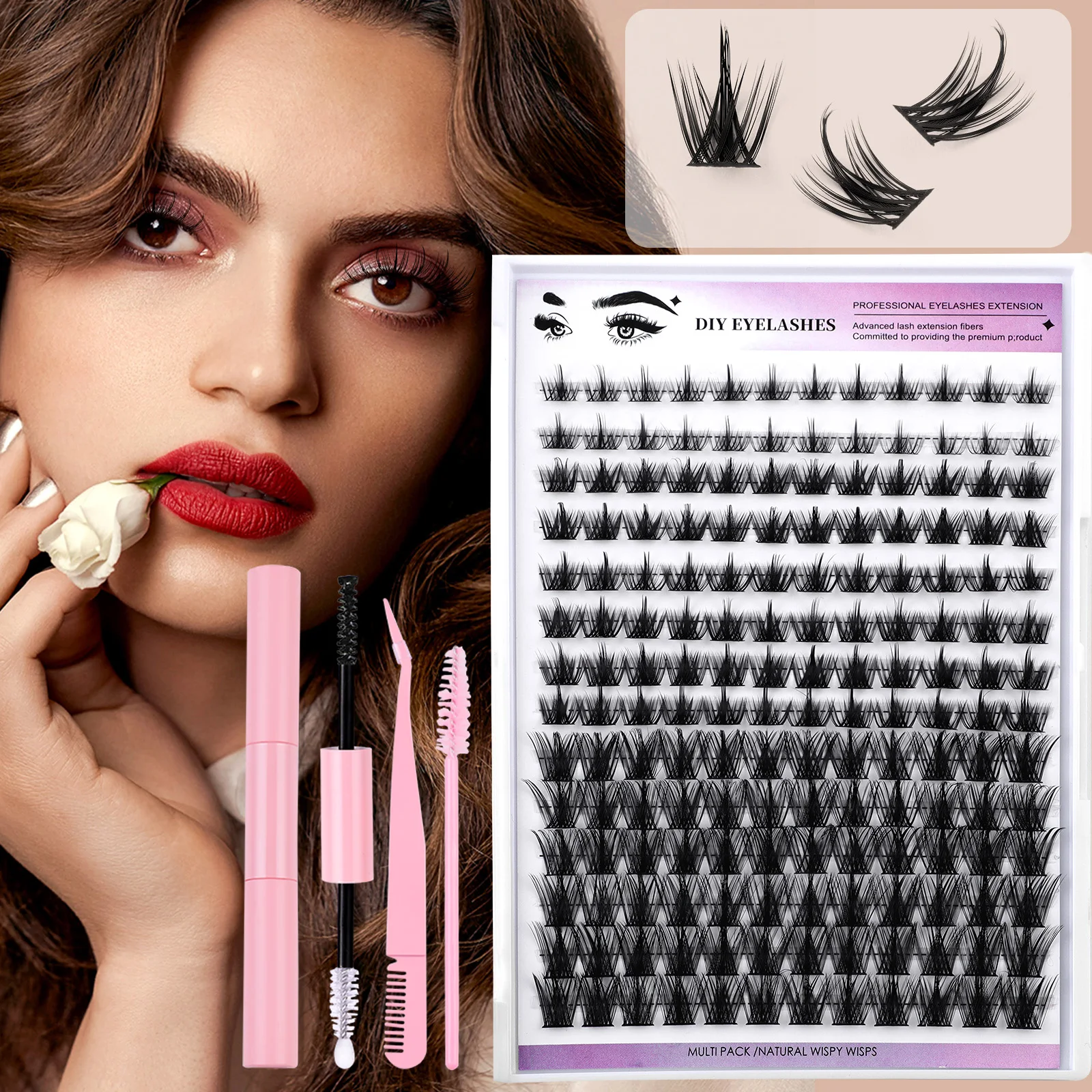 8-16mm DIY 14Rows Mix Clusters Kit  Lash Bond and Seal and Tweezer Accessories Self-Grafting EyeLashes Extension At Home