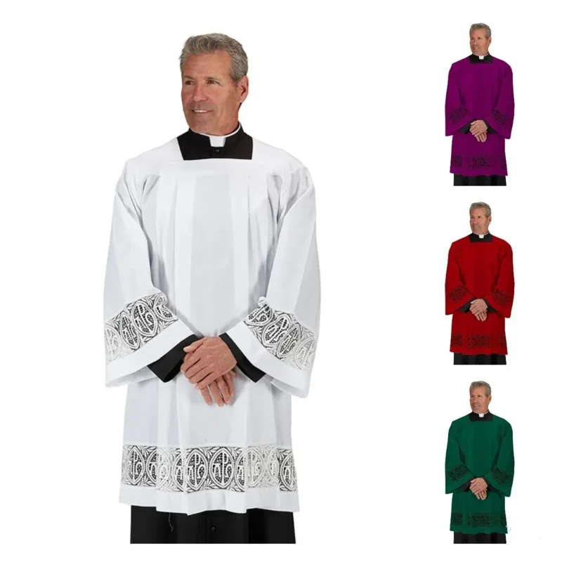 Catholic Church Priest Seminarian Costume Linen Surplice Red Cassock Lace Liturgical Green Cottas Vestment Clerical Clothing