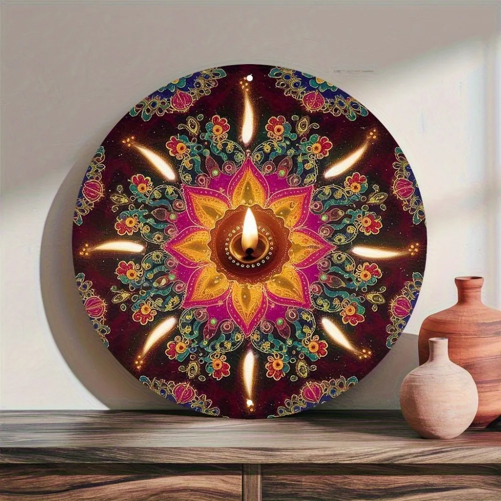 CIFBUY Traditional Diwali Rangoli Mandala Sign, Aluminum Wall Art Waterproof Wear Resistant Round Metal Plaque for Home Entryway