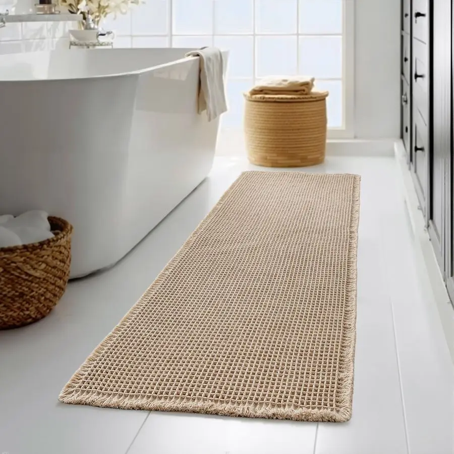 

Waffle Bath Mat, Ultra Soft 60 X 24 Long Bathroom Rug with Tassels, Non Slip Farmhouse Floor Cover Super Absorbent Quick Dry Lar