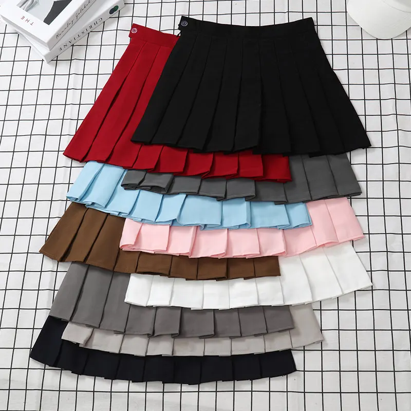 Saia de verão de cintura alta feminina, Korean Harajuku, Vermelho, Linha A, Mini Eam, Escola, Saias curtas plissadas, Vintage, Preto, Roupa