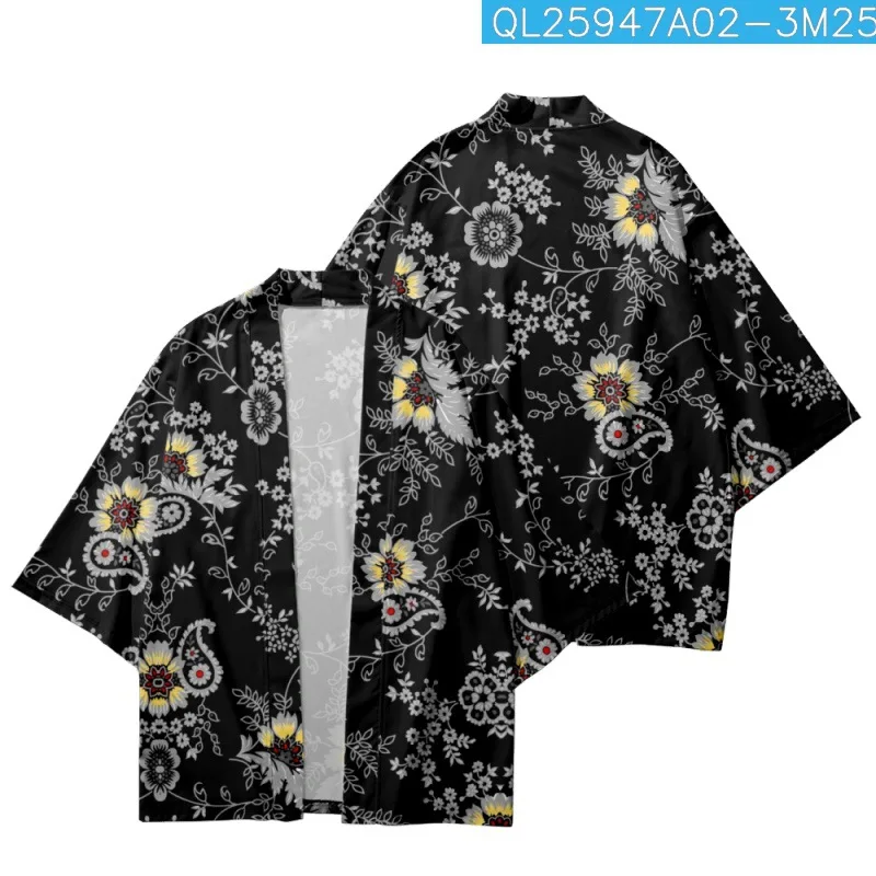 

Summer Japanese Loose Harajuku Flower Printed Kimono Cardigan Cropped Pants Women Men Cosplay Yukata