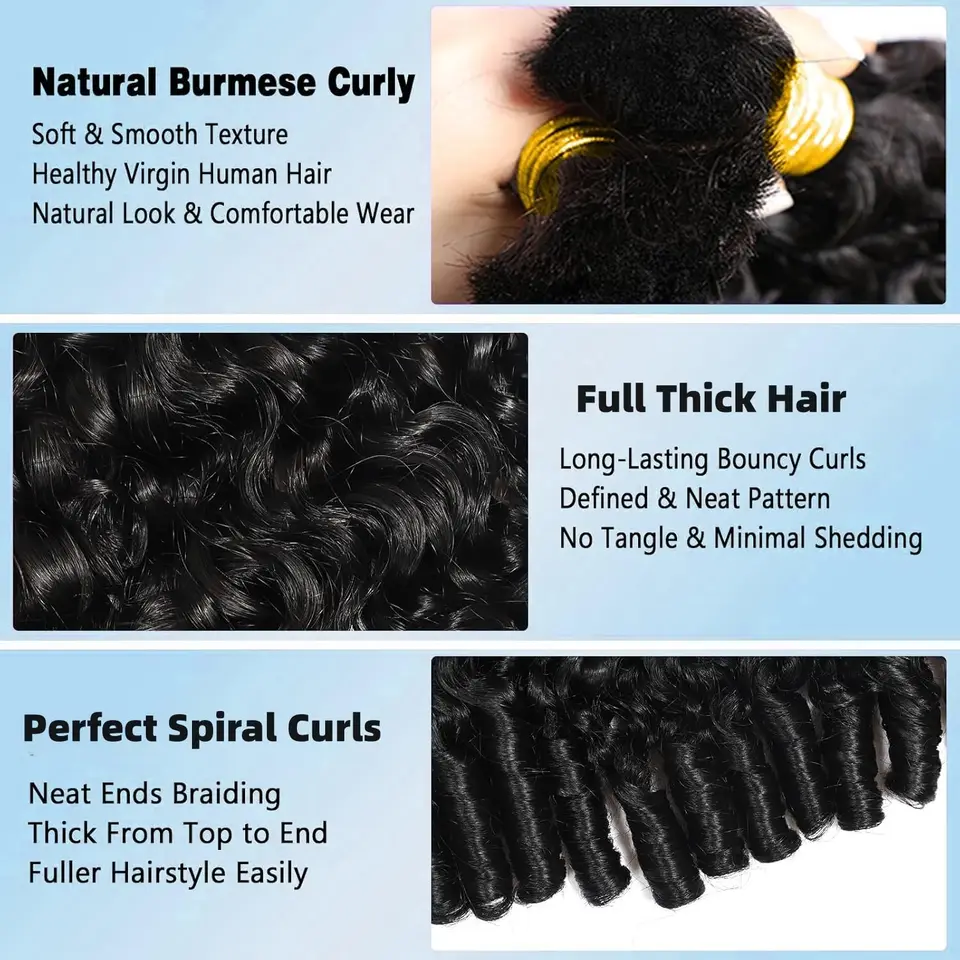Cabello humano natural rizado estilo burmese para trenzas boho, sin procesar, sin weft, de 10 a 30 pulgadas, color 1B negro, rizos espirales, decolorable, sin enredos, para peinados bohemios 3