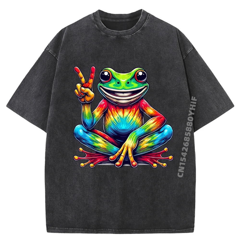 

Знак мира лягушка хиппи TieDye для женщин и мужчин дизайнерская одежда для мужчин натуральные мужские подарки большой размер потертая рубашка