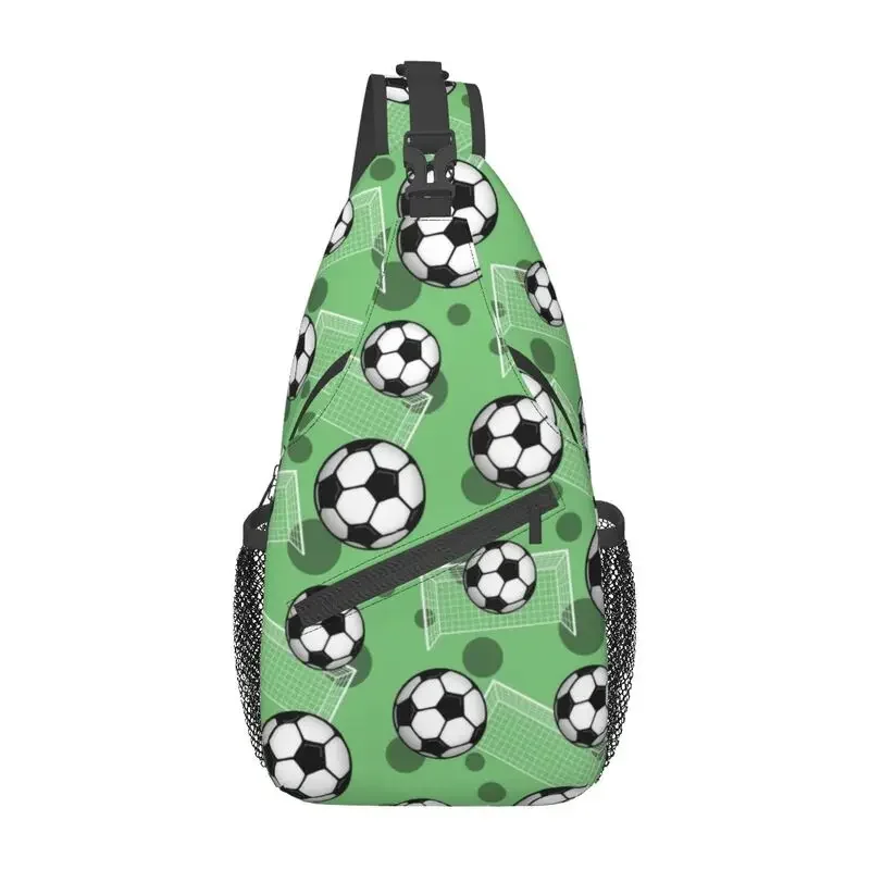 Soccer Ball And Goal Green Pattern Sling Chest Bag Custom Football Shoulder Crossbody Backpack for Men Cycling Camping Daypack