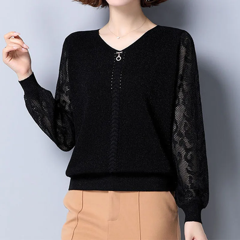 Elegant Fashion Lace Long Sleeve Sweaters for Female All-match Commute Solid Color Knitted Pullovers Autumn Women's Clothing