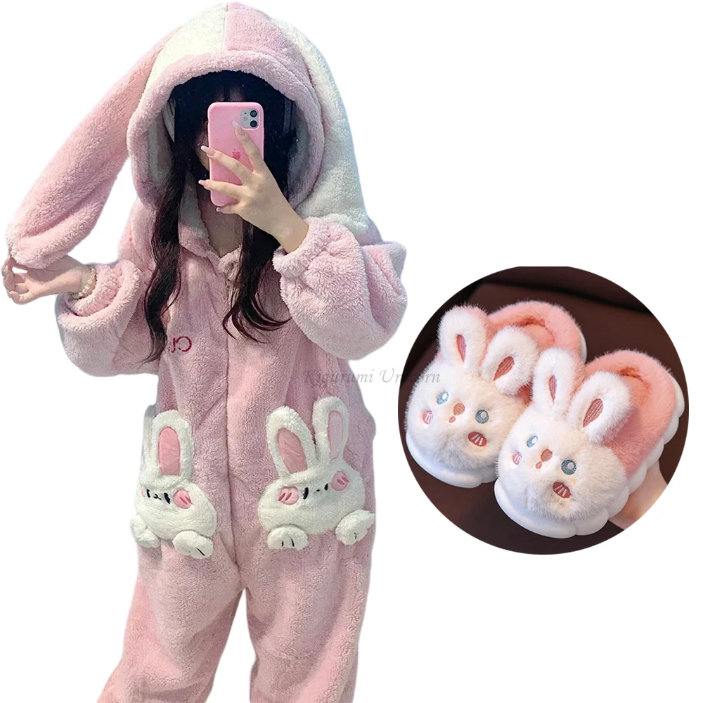 Coral Velvet Onesies Women Cute Rabbit Kigurumi Unicorn Preppy Cartoon Hooded Kawaii Thicker Winter Warm Cotton Pajamas Homewear