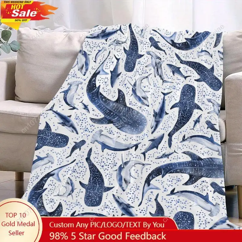 

Cozy Ocean Shark Flannel Throw Blanket – Soft, Warm Lightweight for Bed Sofa or Couch Blue and White Whale Print Custom blankets