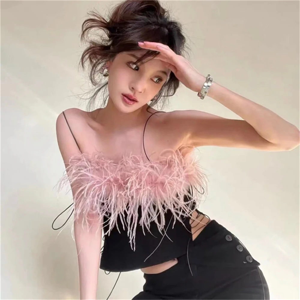 2023 Summer New Sexy Camisole Women Feather Tassel Backless Slim Cropped Tops Chic Fashion Camis Female Nightclub Tank Top Vest