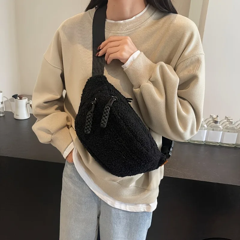 Lässige, einfarbige Brusttasche aus Plüschmaterial für Herren und Damen, modische Hüfttasche für den täglichen Pendelverkehr, Umhängetasche aus Plüsch
