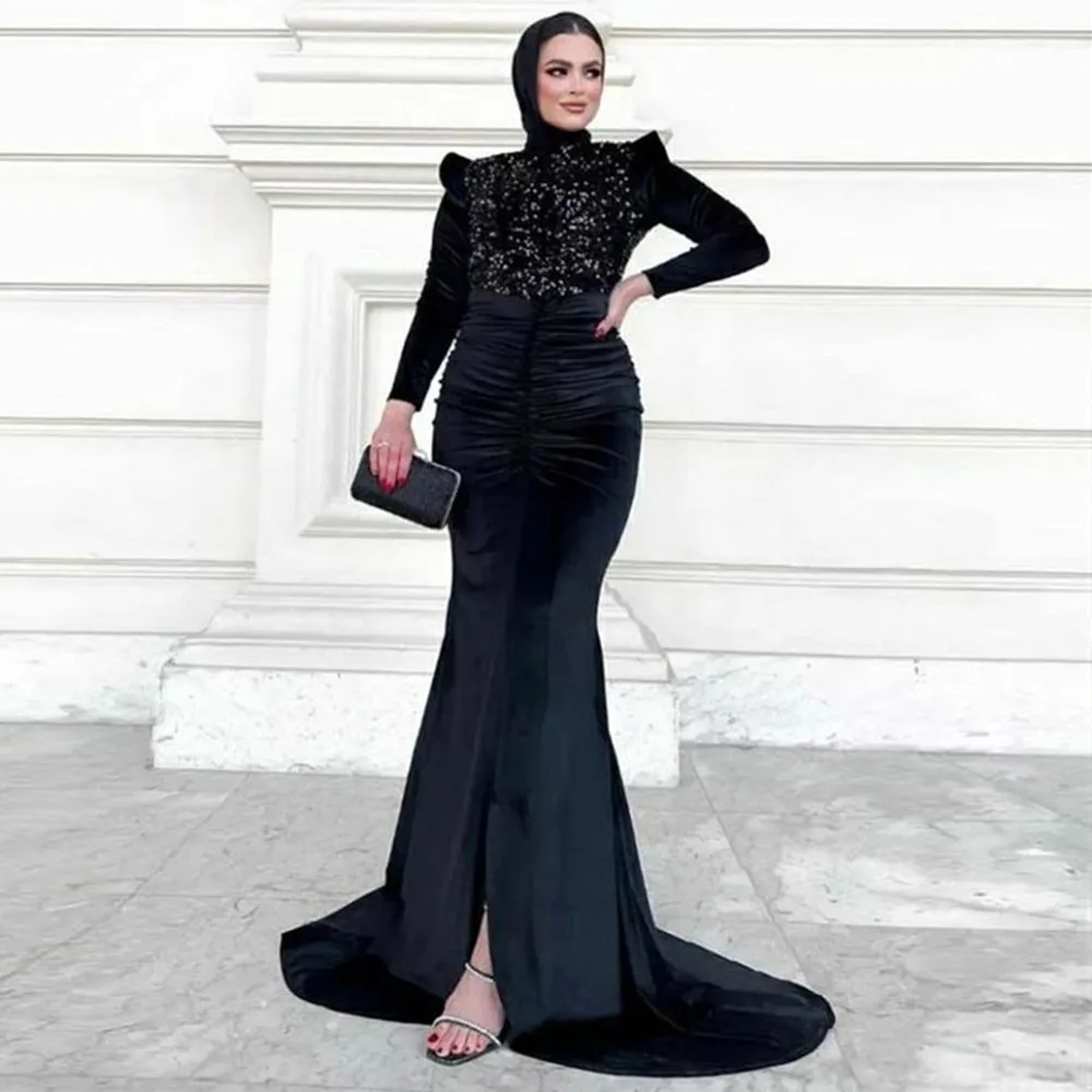 

Modest Muslim Black Evening Dresses Mermaid High Neck Full Long Sleeves Sequins Women Formal Prom Party Gowns Robe De Soiree