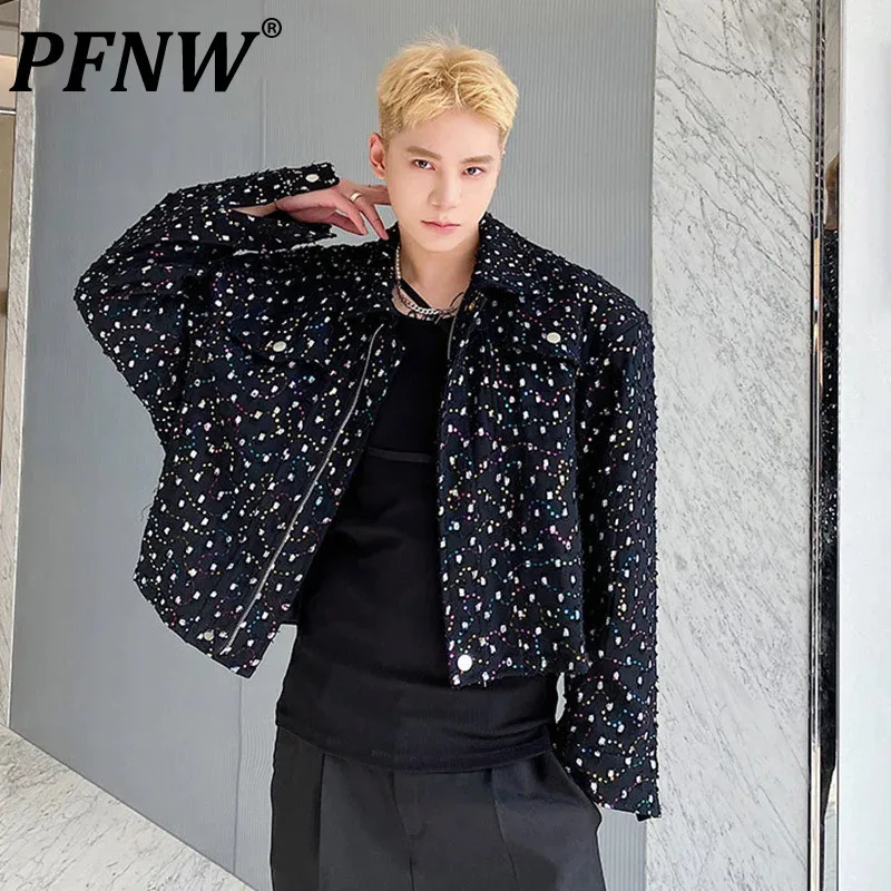 

PFNW Personality Embroidery Sequin Short Men's Jacket Trend Korean Lapel 2024 Autumn Casual Turn-down Collar Coat 9A1711