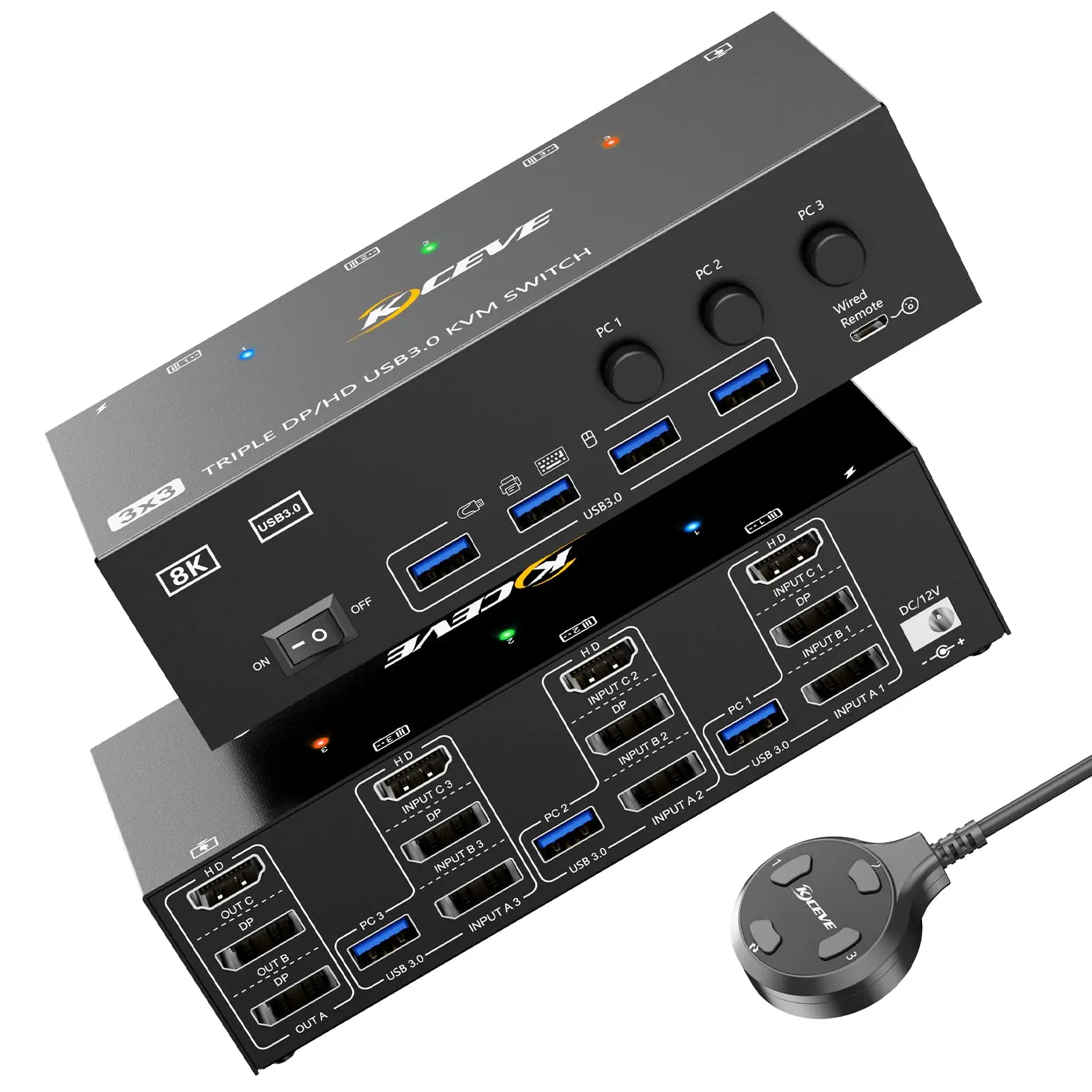 8K KVM Switch 3 Monitors 3 Computers HDMI + DisplayPort,KCEVE USB 3.0 DP KVM Switcher,4k@144Hz Triple Monitor DP KVM for 3 PC