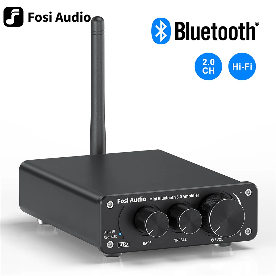 Fosi Audio Bluetooth 2 Channel Sound Power Stereo Amplifier TPA3116D2 Mini HiFi Digital Amp for Speakers 50W BT10A Treble & Bass