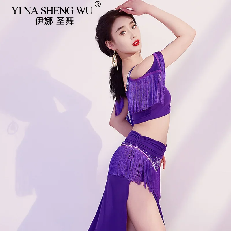 Belly Dance Costume Women Sexy Rhinestone Fringe Top And Long Skirt Set With Tassels Glitter Sleeveless Split Oriental Dance Set