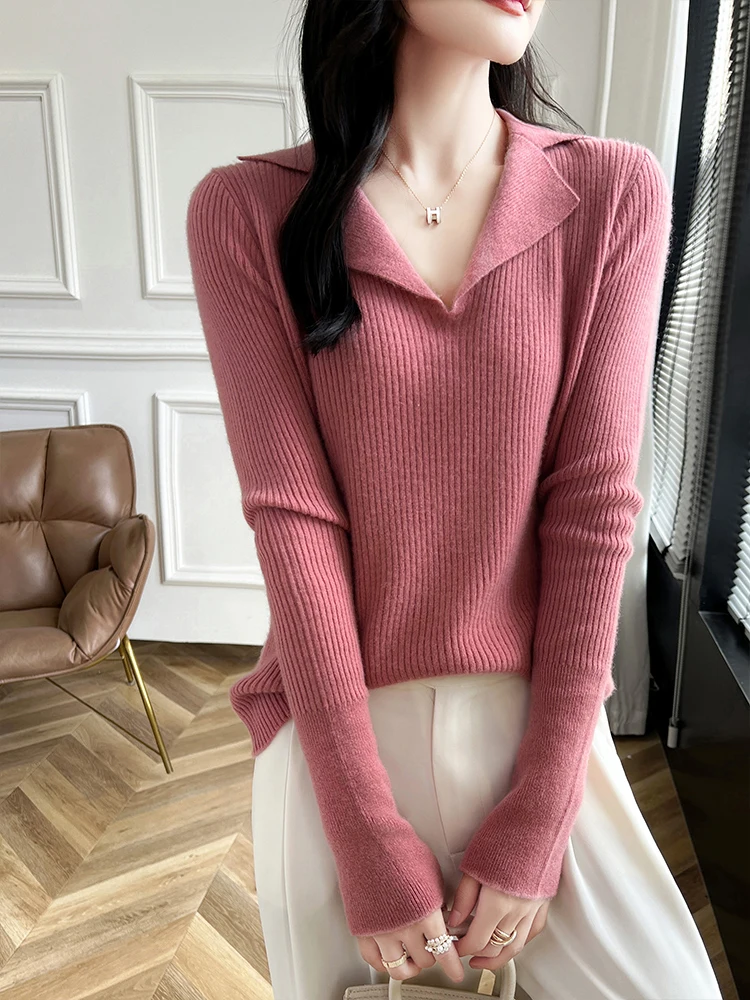 

Повседневный осенне-зимний свитер, женский пуловер, универсальная одежда, свитер из 100% мериносовой шерсти с лацканами внутри, удобный эластичный трикотаж