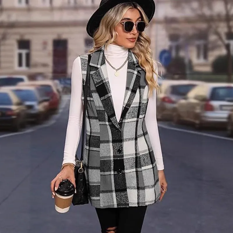 2025年春 エレガントスタイル 多用途 ノースリーブ シングルブレスト レディース チェック柄ベスト