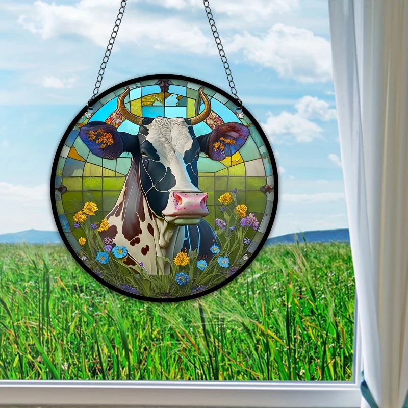 1pc Cow Stained Suncatcher Window Hanging Farmhouse Decoration for Mom Grandma Teacher Friend Wreath Sign Home House Decor