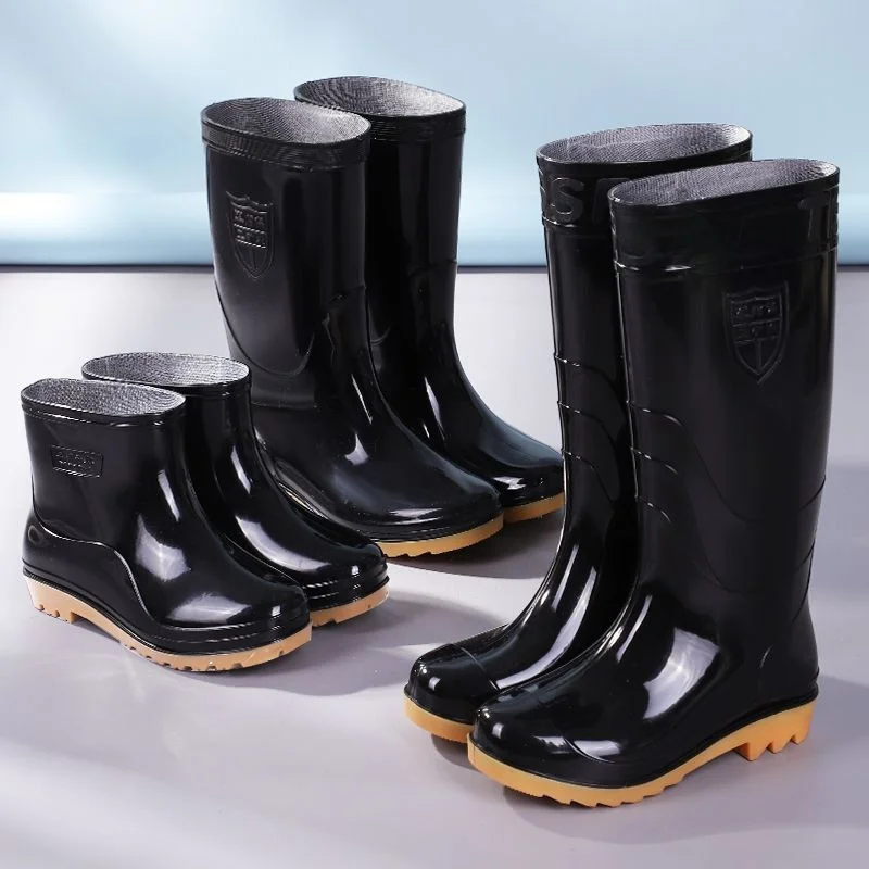 Thickened Wear-Resistant Cow Tendon Rain Boots Short Fleece Lined Water Shoes Men's High Tube Anti-Slip Rubber Boots Construc...