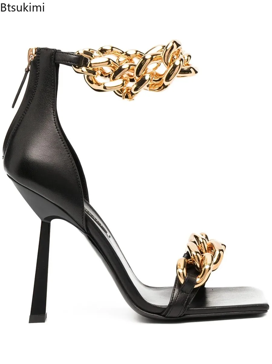 New 2025 Summer Women's Snake Sandals Pattern Chain Square Toe Rose Pink Sandals for Woman Open Toe Back Zipper Pumps High Heels