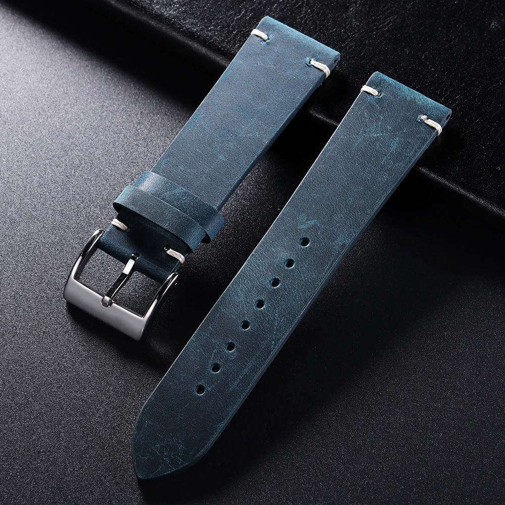 18mm 20mm 21mm 22mm Öl-Wachs-Leder-Uhrenarmband Braun Weiches Vintage-Armband für Herren Handgefertigtes Genähtes Rindslederband für Omega-Uhren – Detail 8