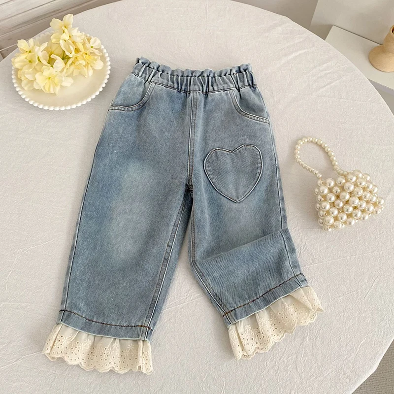 2-6 سنوات الفتيات الجينز طفل الفتيات القلب الجينز ربيع الخريف الفتيات سراويل جينز عادية الاطفال تمتد متوهج السراويل ملابس الأطفال #4