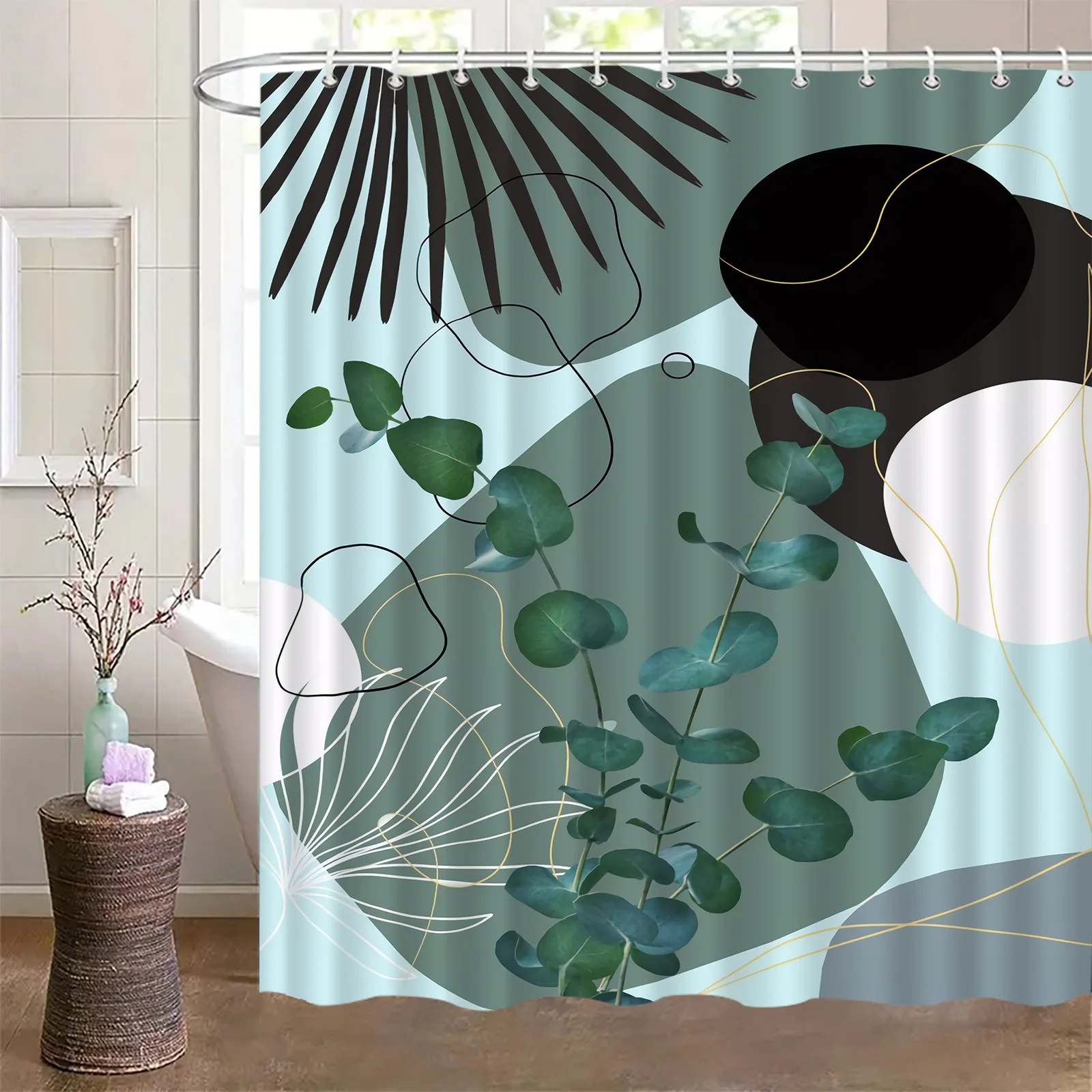 

Занавеска для душа с зеленым листом и крючками из полиэстера, которую можно стирать в машине, подходит для декора ванной комнаты.