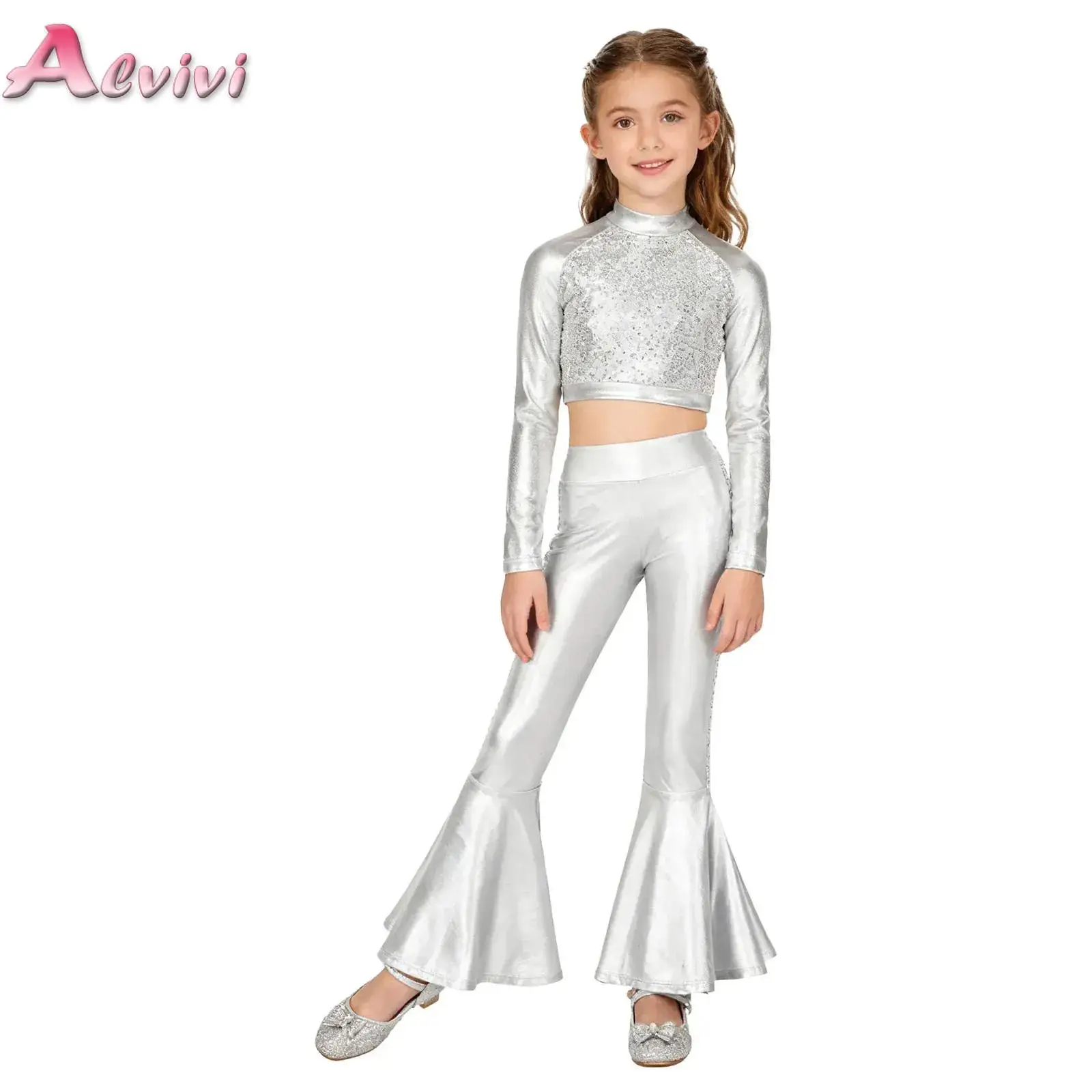 

Hippie Costume Sequins Girls 60s 70s Disco Outfit Street Jazz Dance Crop Top And Pants Dancewear Streetwear Kids Performance