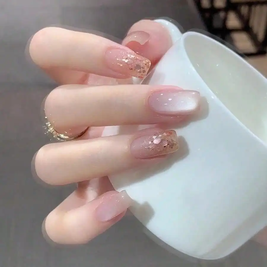 

Women Nude Pink Press On Nails Gold Glitter Cat Eye Short Square Minimalist Manicure Daily Party Wedding Gift